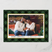 緑のモダンバッファローのプレイドのクリスマスフォト 箔シーズンカード (正面)