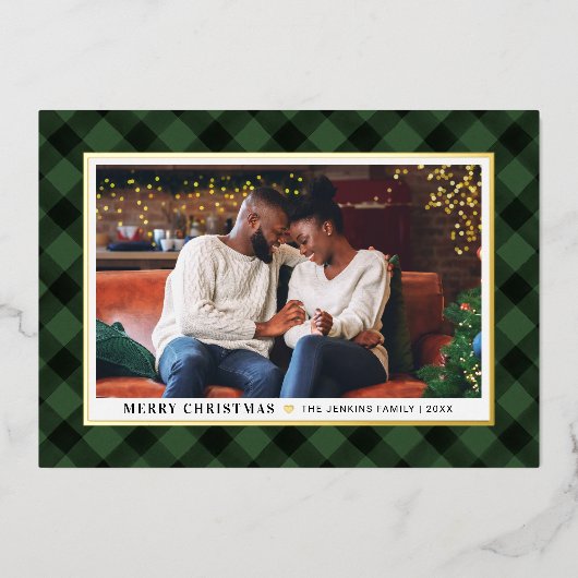 緑のモダンバッファローのプレイドのクリスマスフォト 箔シーズンカード (正面)