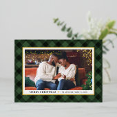 緑のモダンバッファローのプレイドのクリスマスフォト 箔シーズンカード (立ち正面)