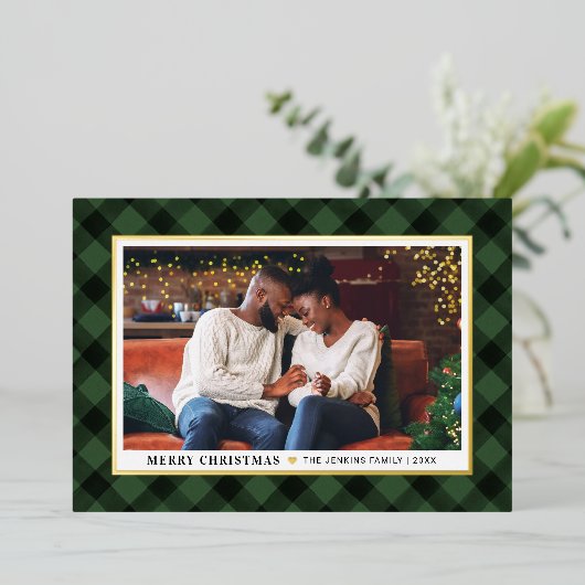 緑のモダンバッファローのプレイドのクリスマスフォト 箔シーズンカード (立ち正面)