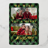 緑のモダンバッファローのプレイドのクリスマスフォト 箔シーズンカード (正面)
