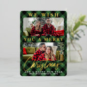 緑のモダンバッファローのプレイドのクリスマスフォト 箔シーズンカード (立ち正面)