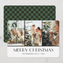 緑のモダンバッファローのプレイド写真クリスマスカード