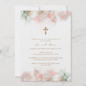 緑のモダンピンクの瑪瑙の写真金ゴールドクロスバプテスマ 招待状 (正面)