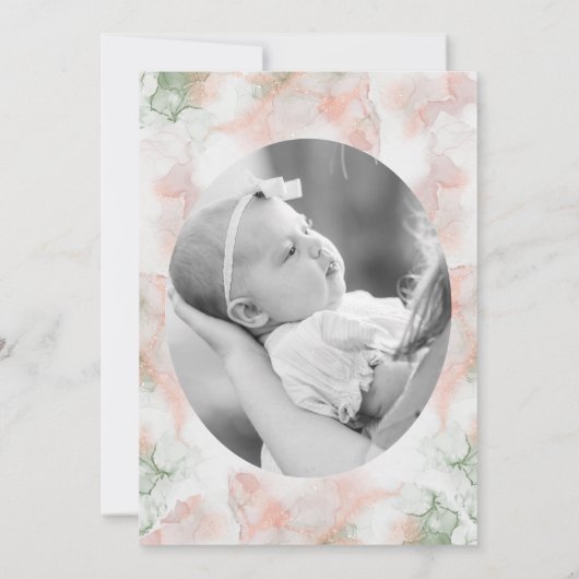 緑のモダンピンクの瑪瑙の写真金ゴールドクロスバプテスマ 招待状 (裏面)