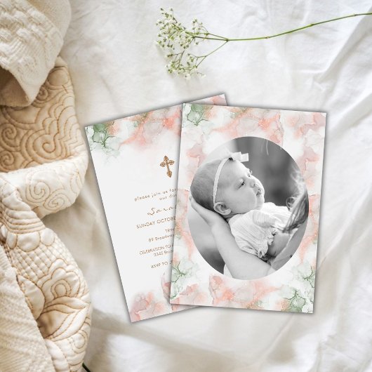 緑のモダンピンクの瑪瑙の写真金ゴールドクロスバプテスマ 招待状