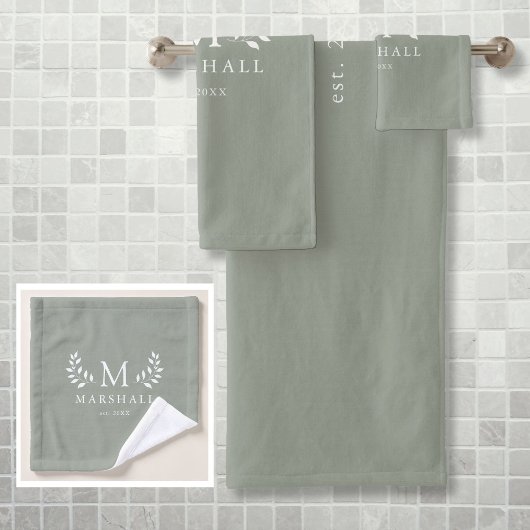 緑のモダンフローラエレガントモノグラム名 バスタオルセット