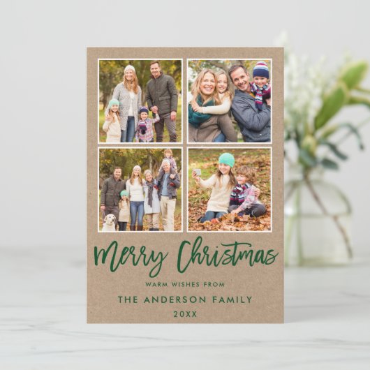 緑のモダンブラシスクリプトクリスマス4フォトクラフト シーズンカード (スタンド正面)