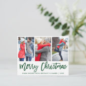 緑のモダンブラシスクリプト3フォトカップルのクリスマス ポストカード (スタンド正面)