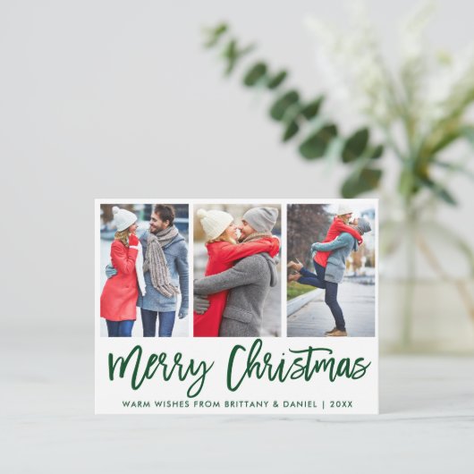 緑のモダンブラシスクリプト3フォトカップルのクリスマス ポストカード (スタンド正面)