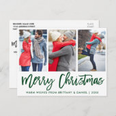 緑のモダンブラシスクリプト3フォトカップルのクリスマス ポストカード (正面/裏面)