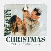 緑のモダンメリースタイリッシュクリスマス家族の写真 メタルオーナメント (正面)