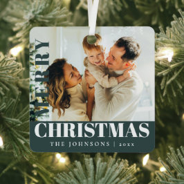 緑のモダンメリースタイリッシュクリスマス家族の写真 メタルオーナメント