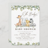 緑のモダンユーカリの葉サファリベイビーシャワー 招待状 (正面/裏面)