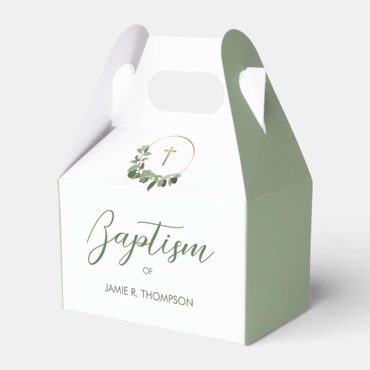 緑のモダンリース金ゴールドクロス洗礼 フェイバーボックス (正面サイド)