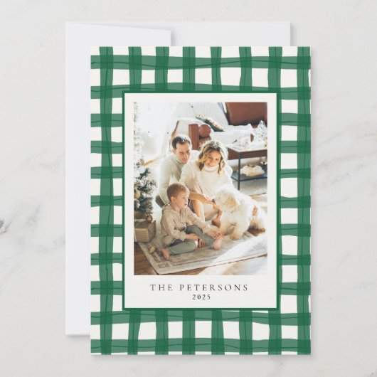 緑のモダンレトロ格子状の家族の写真クリスマス シーズンカード (正面)
