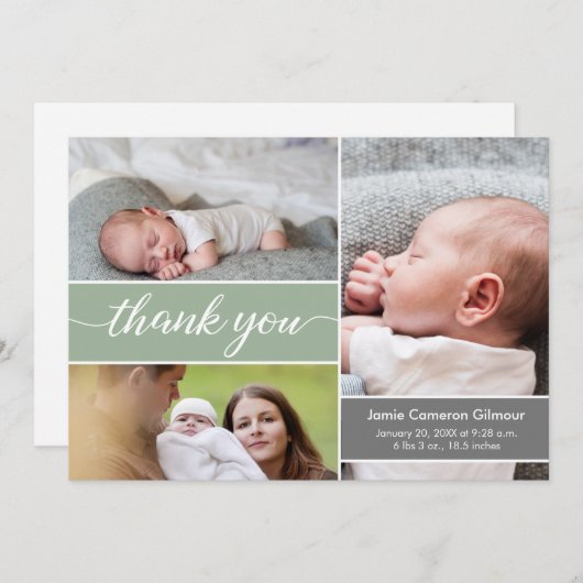 緑のモダン写真生まれたばかりの名赤ちゃんシャワー サンキューカード (正面/裏面)