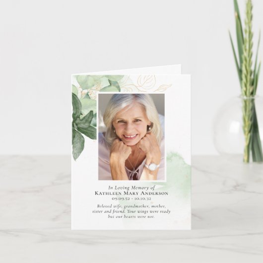 緑のモダン写真葬式悔やみや弔慰折り畳み サンキューカード (正面)