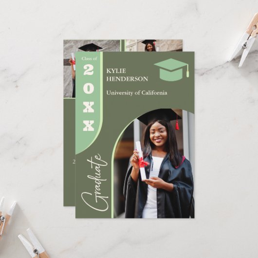 緑のモダン卒業写真 招待状 (正面/裏面インサイチュ)
