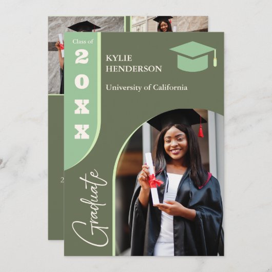 緑のモダン卒業写真 案内状 (正面/裏面)