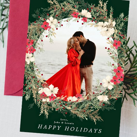 緑のモダン大きなリースワンフォトメリークリスマス シーズンカード