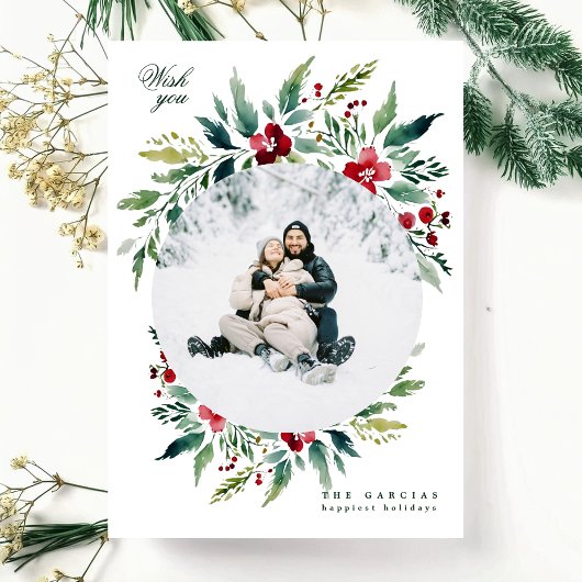 緑のモダン大きなリースワンフォトメリークリスマス シーズンカード