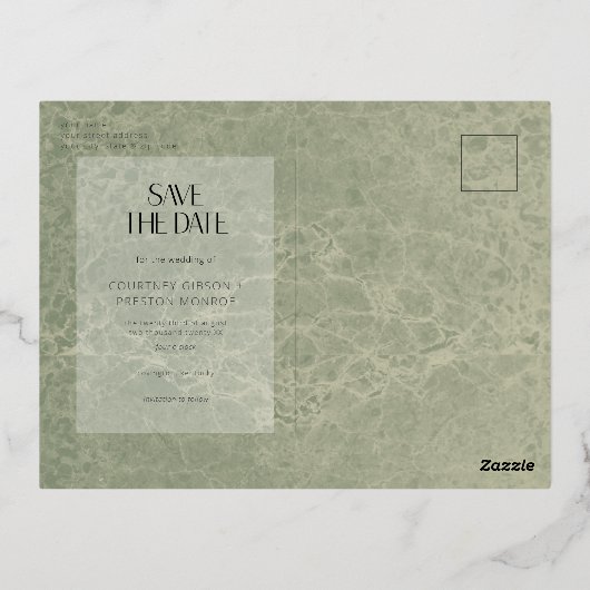 緑のモダン大理石の写真の結婚式 箔シーズンポストカード (裏面)