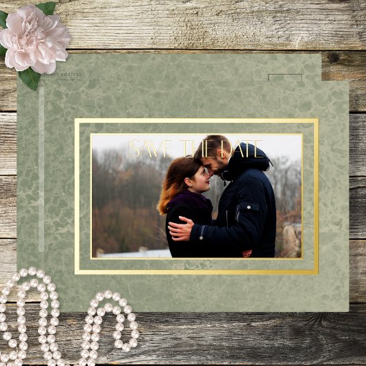 緑のモダン大理石の写真の結婚式 箔シーズンポストカード