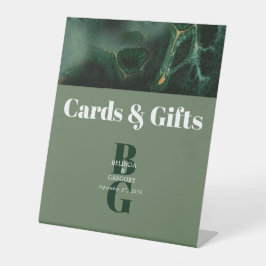 緑のモダン大理石モノグラムのウェディングカードギフト 台座サイン