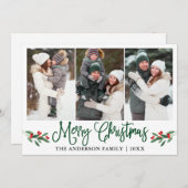 緑のモダン書道クリスマスホリー3写真 シーズンカード (正面/裏面)