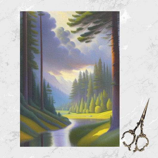 緑のモダン木々水雲の風景のアートワーク 薄葉紙