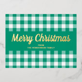 緑のモダン格子模様のメリークリスマス金ゴールド 箔シーズンポストカード (正面)