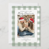 緑のモダン格子模様の家族の写真メリークリスマス シーズンカード (正面)