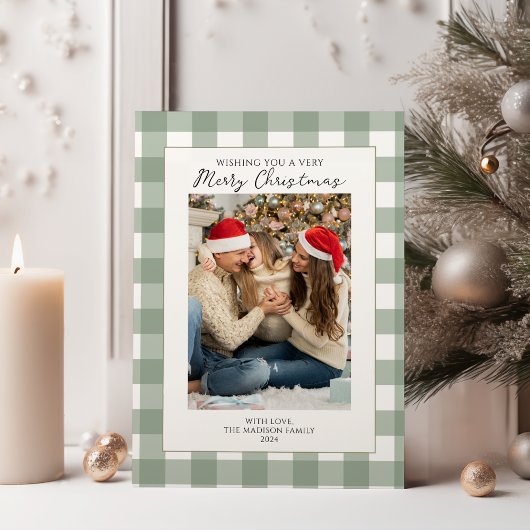 緑のモダン格子模様の家族の写真メリークリスマス シーズンカード