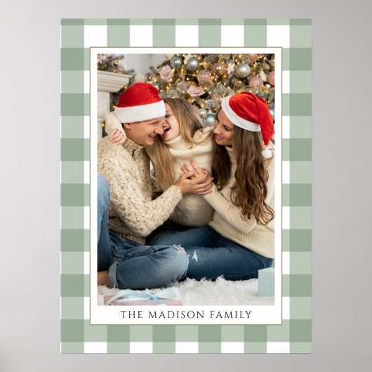 緑のモダン格子模様の家族の写真メリークリスマス ポスター (正面)