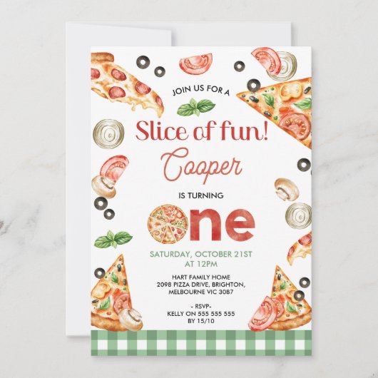 緑のモダン格子状のピザスライスおもしろい1st誕生日 招待状 (正面)