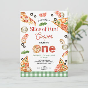 緑のモダン格子状のピザスライスおもしろい1st誕生日 招待状
