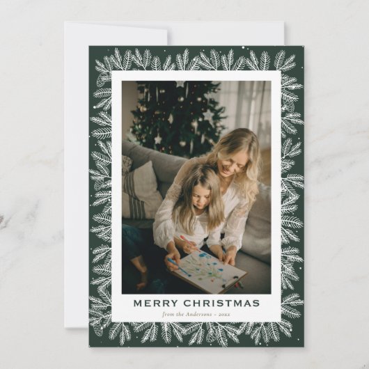 緑のモダン森の松の写真クリスマス シーズンカード (正面)