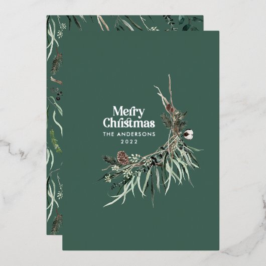 緑のモダン水エレガント色の植物性の素朴F 箔シーズンカード (正面/裏面)