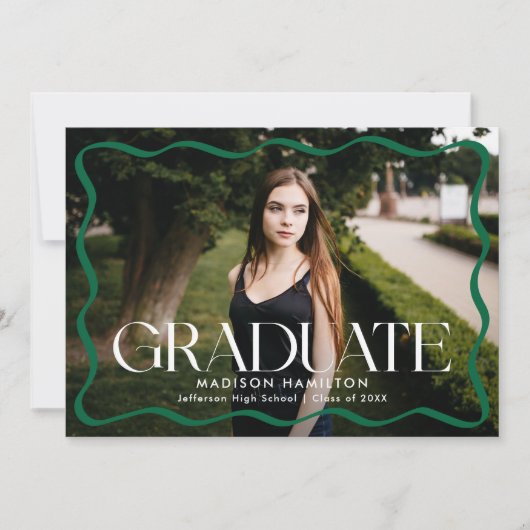 緑のモダン波状フレームの卒業写真の卒業 案内状 (正面)
