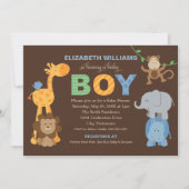 緑のモダン茶色のジャングル動物の少年の赤ちゃんシャワー 招待状 (正面)