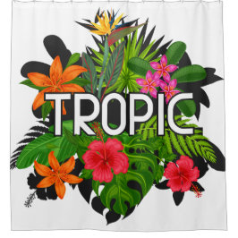 緑のモダン葉に熱帯ハイビスカス文字 シャワーカーテン