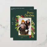 緑のモダン葉のエレガント写真 箔シーズンポストカード<br><div class="desc">メリークリスマスの水の色のフローラグリーンホリデーフォイルカード。美しい水色の絵を描葉とスモダンクリプト文字写真のホリデーカード。コレクションの一部。</div>