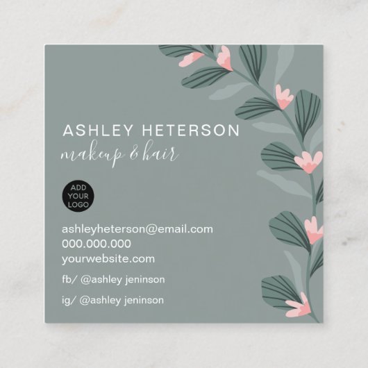 緑のモダン葉はヘアロゴを作る スクエア名刺 (裏面)