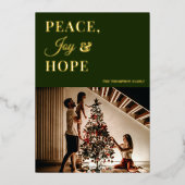 緑のモダン金ゴールドスクリプト平和ジョイ希望の写真 箔シーズンカード (正面)