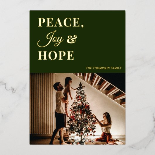 緑のモダン金ゴールドスクリプト平和ジョイ希望の写真 箔シーズンカード (正面)