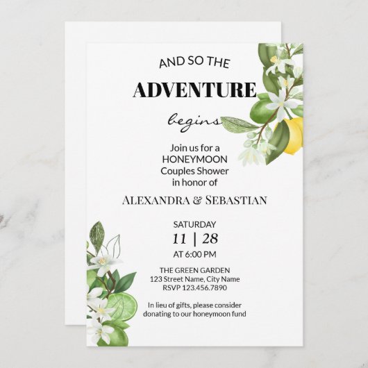緑のモニーのハネムーンシャワー 招待状 (正面/裏面)