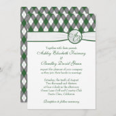 緑のモノグラムの結婚式をゴルフをするアーガイル柄のなゴルフボール 招待状 (正面/裏面)