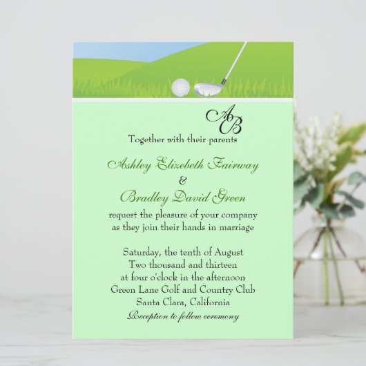 緑のモノグラムの結婚式をゴルフをするゴルフボール 招待状 (スタンド正面)