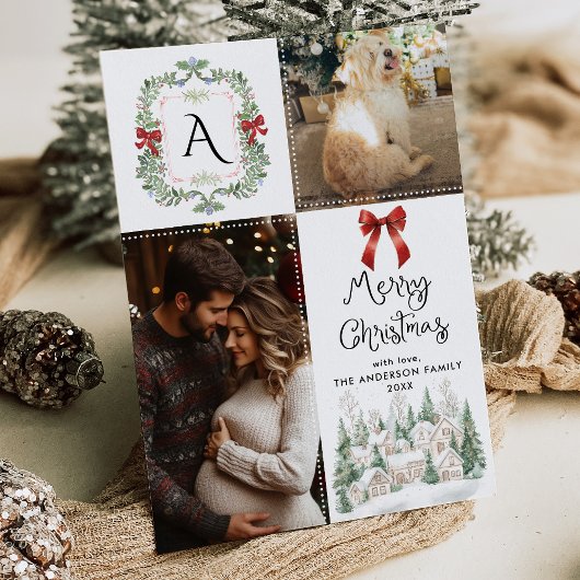 緑のモノグラムクレストボウメリークリスマスフォト シーズンカード